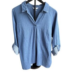Croft & Barrow Womens XL Blue Cotton Roll Tab Sleeve V-Neck Tunic Blouse Top